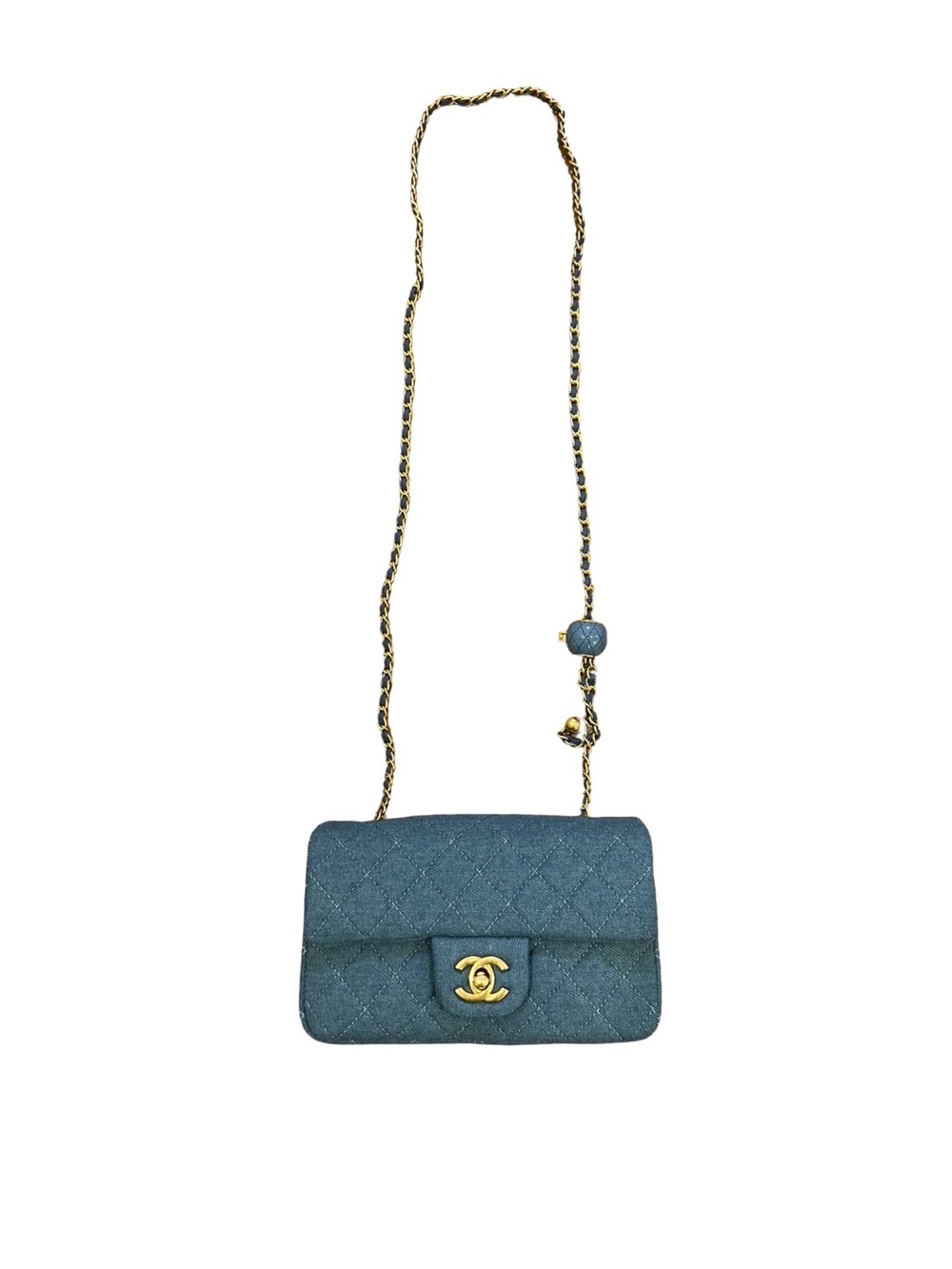 Chanel Quilted Denim Flap Bag Blue w/Gold Chain Pearl CC Logo Mini